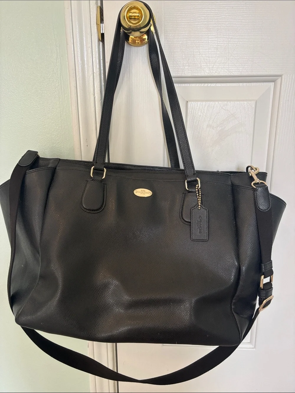 Coach Black Leather Diaper Bag Tote with Gold Hardware